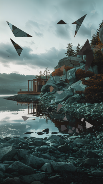 A serene landscape wallpaper featuring a rocky shoreline, a tranquil lake reflecting overcast skies, and geometric shapes adding a modern touch against the natural scenery.