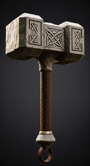 A stylized, powerful hammer featuring intricate carvings and a textured leather handle, set against a dark background, designed as an eye-catching phone wallpaper.