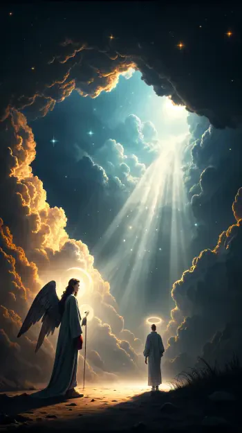 A serene scene depicting an angel guiding a figure toward a radiant light emerging from clouds, embodying a heavenly atmosphere, perfect as a phone wallpaper.