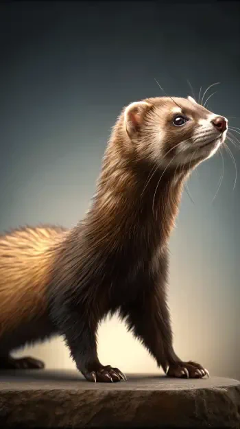 A sleek ferret stands alert on a stone surface, showcasing its playful spirit against a softly illuminated background, ideal for a vibrant phone wallpaper.