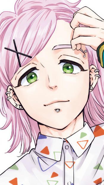 A vibrant anime phone wallpaper featuring Mitsuki Kiryu from Wind Breaker, showcasing his playful expression and distinctive pink hair with accessories.