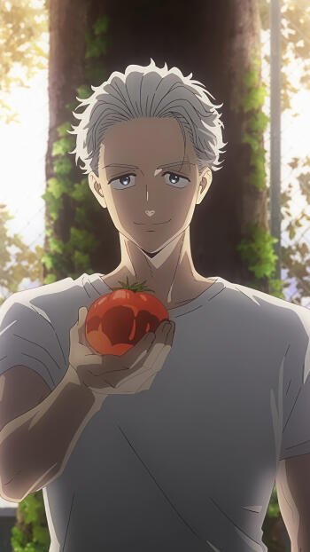 A phone wallpaper featuring Hajime Umemiya from anime Wind Breaker, showcasing him smiling while holding a red tomato in a serene, nature-filled background.