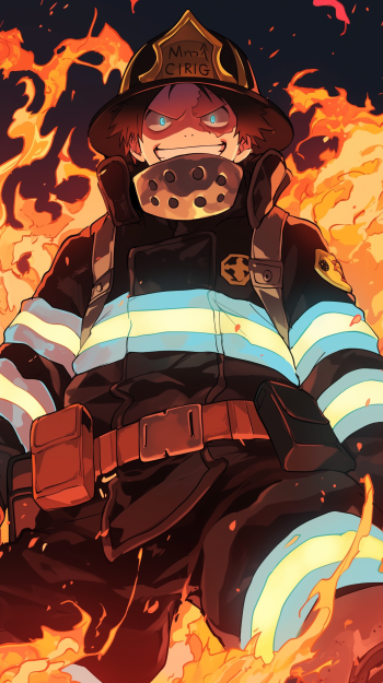 Shinra Kusakabe from Fire Force stands confidently amidst blazing flames, wearing a firefighting uniform and helmet, ready to face any challenge. A dynamic anime wallpaper.