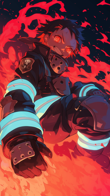 A dynamic phone wallpaper featuring a character from Fire Force, surrounded by vibrant red flames, showcasing intense energy and striking anime artistry.