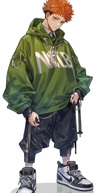 A vibrant phone wallpaper featuring Yuji Itadori from Jujutsu Kaisen, depicted in a green hoodie and black shorts, exuding a stylish, edgy vibe.