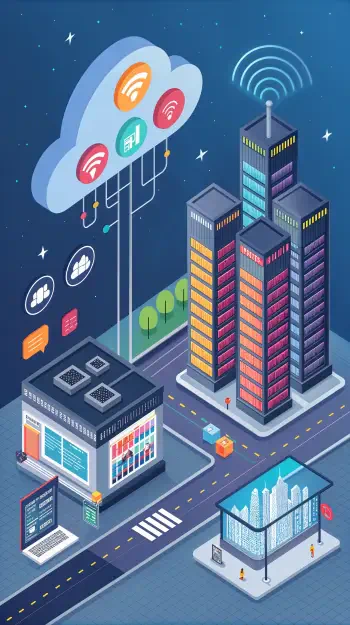 An urban scene featuring digital towers connected to a cloud with network icons, illustrating the essence of the internet. Designed as a vibrant phone wallpaper.
