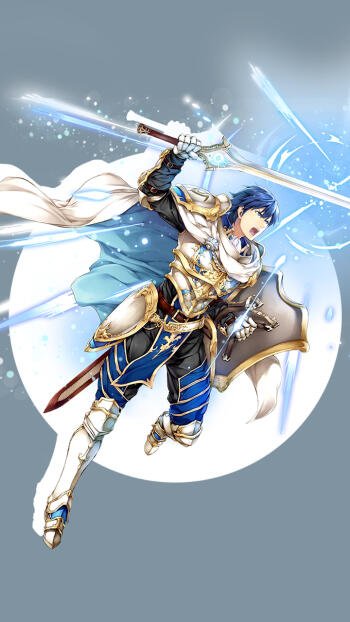 A dynamic illustration from the video game Fire Emblem, depicting a character in armor wielding a sword, set against a soft blue background, designed as a phone wallpaper.