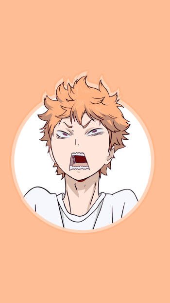 Anime wallpaper featuring Shōyō Hinata from Haikyū!!, showcasing his energetic expression against a vibrant orange background.