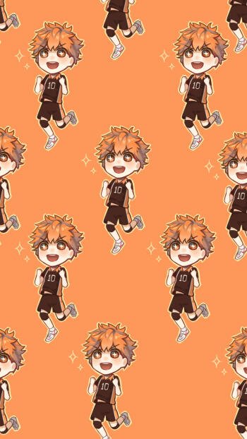 A vibrant phone wallpaper featuring Shōyō Hinata from Haikyū!!, showcasing multiple playful chibi versions against an orange background. Perfect for anime fans.