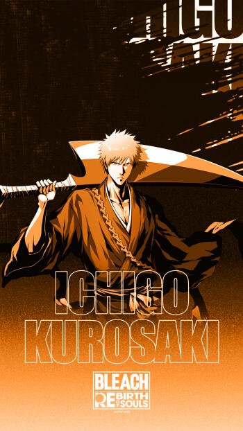 Anime wallpaper featuring Ichigo Kurosaki from Bleach, showcasing his distinctive orange colors and an intense expression, ready for action with his sword.