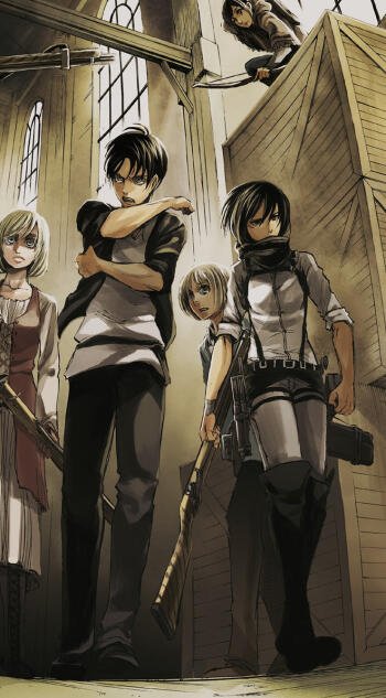 A dynamic manga wallpaper featuring Eren Yeager and Mikasa Ackerman from Attack on Titan, showcasing their fierce determination amidst a dramatic backdrop. Perfect for any phone.