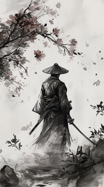 A striking black and white ink illustration of a samurai standing amidst flowering branches, perfect as a phone wallpaper for both iPhones and Android devices.