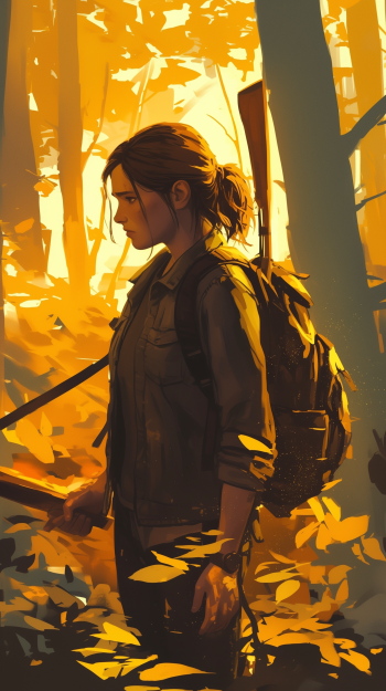 A vibrant phone wallpaper featuring Ellie from *The Last of Us*, set against a golden forest backdrop, capturing a moment of adventure in a stylized anime aesthetic.