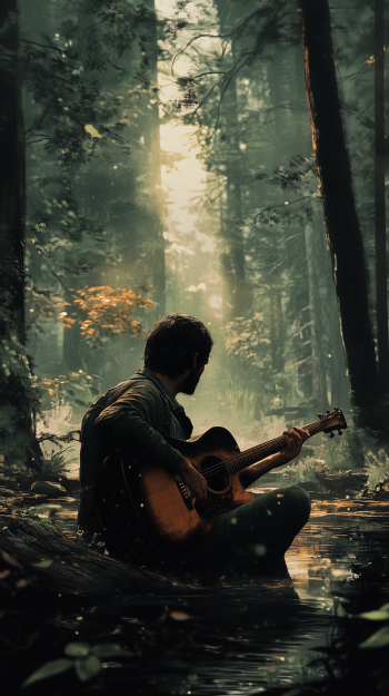 A serene forest scene featuring Joel from The Last of Us, playing guitar by a tranquil stream, perfect for a video game-themed phone wallpaper.