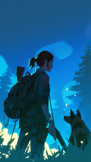 A vibrant phone wallpaper featuring Ellie from The Last of Us, set against a blue anime-inspired forest backdrop, accompanied by a loyal dog, evoking a sense of adventure.