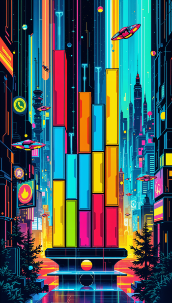 A vibrant Tetris-themed wallpaper featuring colorful blocks ascending against a futuristic city backdrop, designed for both iPhone and Android devices.