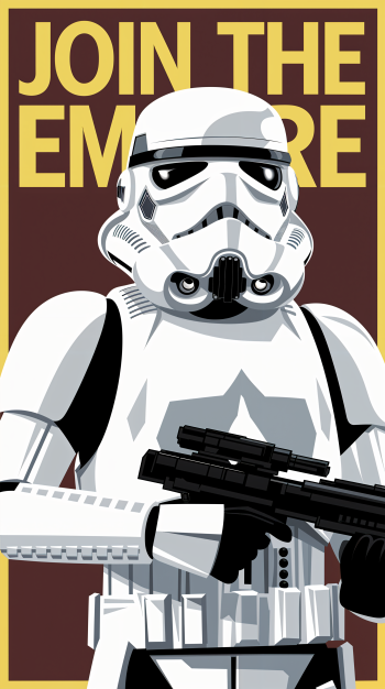 A stylized stormtrooper stands confidently, holding a blaster, against a bold background with the text JOIN THE EMPIRE, designed for use as a phone wallpaper on iPhones and Android devices.