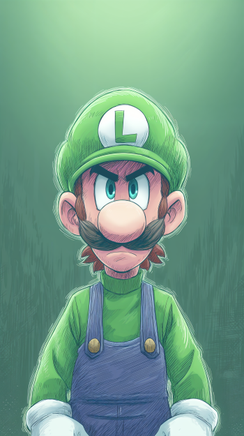 A vibrant illustration of Luigi, featuring his iconic green outfit and cap, designed as a phone wallpaper for both iPhone and Android devices.
