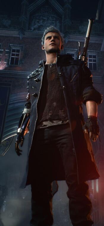 Dante from Devil May Cry 5 stands confidently in a dark, dramatic scene, ready for action. This striking image makes a bold phone wallpaper choice for gaming enthusiasts.