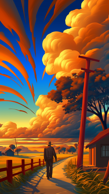 A serene western landscape features a vibrant sky filled with colorful clouds, showcasing a path leading to a cozy home, ideal as an artistic phone wallpaper for iPhones and Androids.