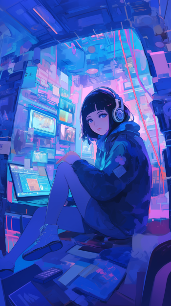 A vibrant anime girl in a cozy, lofi-inspired room, wearing headphones and surrounded by glowing screens. This captivating design works well as a phone wallpaper for any device.