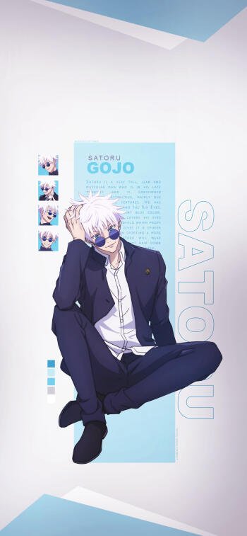 Phone wallpaper of Satoru Gojo from Jujutsu Kaisen in a white and blue anime style, sitting casually with sunglasses, designed for iPhone and Android displays.