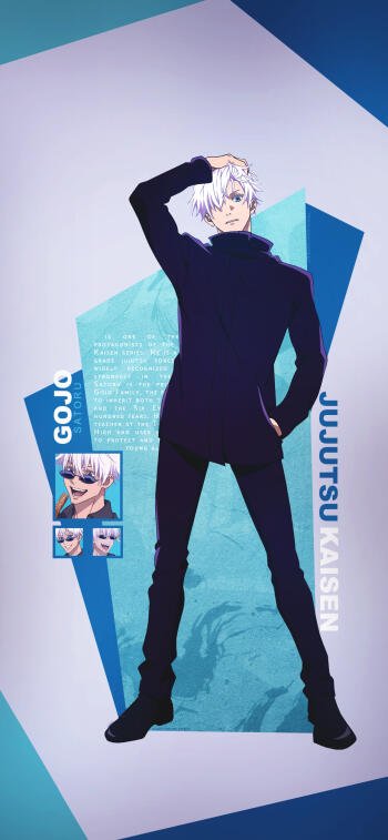 Anime phone wallpaper featuring Satoru Gojo from Jujutsu Kaisen, showcasing the character in a confident pose with a modern geometric blue background.