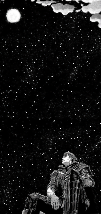 A striking black-and-white wallpaper featuring Guts from Berserk gazing up at a night sky filled with stars, perfect for enhancing any phone's aesthetic.