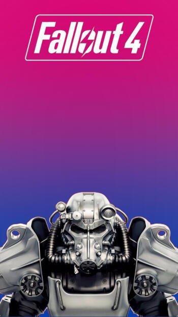 A dramatic Fallout 4 wallpaper featuring the iconic Power Armor against a vibrant gradient background, designed for both iPhone and Android screens.