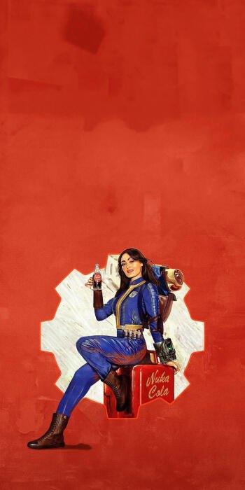 A vibrant phone wallpaper featuring a character in a blue jumpsuit holding a Nuka-Cola bottle, inspired by the Fallout video game and TV show against a bold red background.