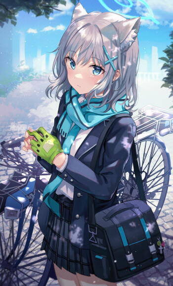 Anime-inspired phone wallpaper featuring Shiroko Sunaookami from Blue Archive in a school uniform, with a scenic background of bikes and a soft, snowy atmosphere.
