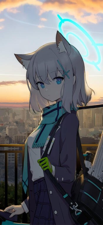 Anime character Shiroko Sunaookami from Blue Archive, wearing a school uniform with a scarf, stands against a sunset city backdrop, creating a vibrant phone wallpaper.