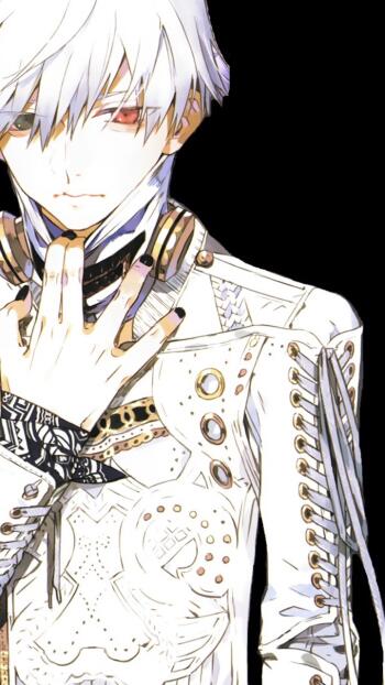 Anime-inspired phone wallpaper featuring a character from Tokyo Ghoul, showcasing a striking white outfit and an intense gaze against a dark background.