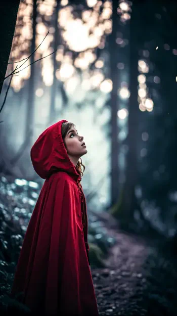 A girl in a vibrant red hooded cloak gazes upward in a serene, misty forest, capturing the essence of the classic Red Riding Hood tale—an enchanting phone wallpaper for iPhones and Androids.
