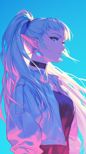 Anime-inspired phone wallpaper featuring Frieren from Frieren: Beyond Journey's End, showcasing a vibrant blue background and a striking character portrait with long hair and pointed ears.