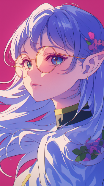 A serene anime elf girl with long blue hair and glasses, adorned with flowers, set against a vibrant pink background. This striking design makes an engaging phone wallpaper for iPhones and Androids.