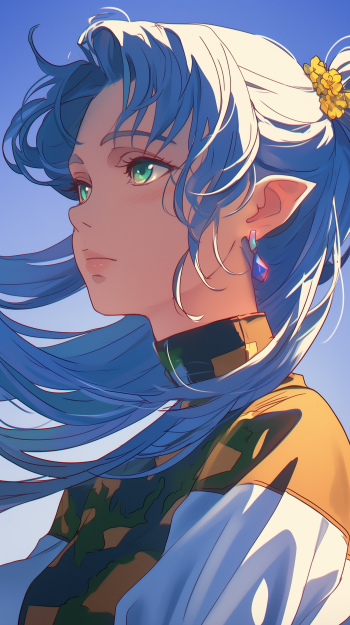 Anime phone wallpaper featuring Frieren from Frieren: Beyond Journey's End, showcasing her with flowing blue hair, green eyes, and a flower accessory against a serene background.
