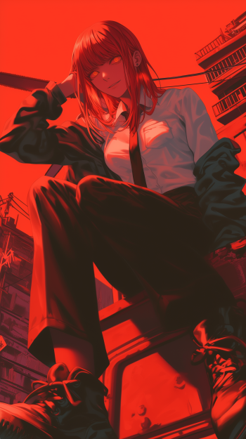 Anime phone wallpaper featuring Makima from Chainsaw Man in striking red tones, depicted confidently sitting against an urban backdrop, designed for iPhone and Android displays.