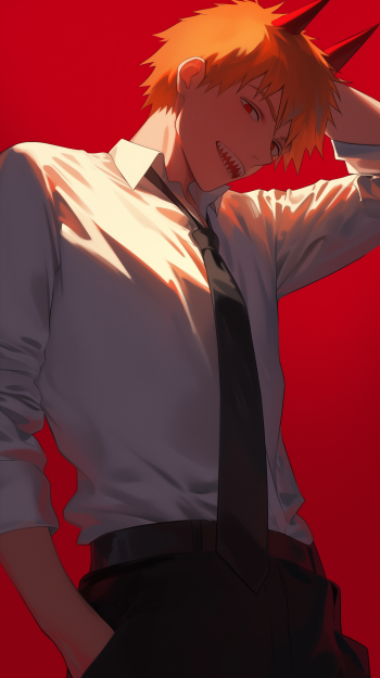 Red anime wallpaper featuring Denji from Chainsaw Man, showcasing his iconic look with a confident pose and striking expression. Perfect for personalizing your phone.