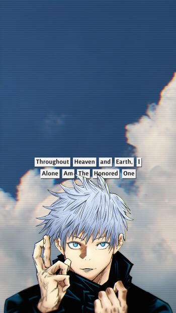 Phone wallpaper featuring anime character Satoru Gojo from Jujutsu Kaisen and its 2nd Season and 0, set against a blue sky with clouds and text overlay.