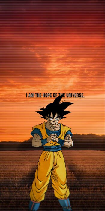 Anime wallpaper of Goku from Dragon Ball standing in a field at sunset with the text I am the hope of the universe, designed for iPhone and Android phones.