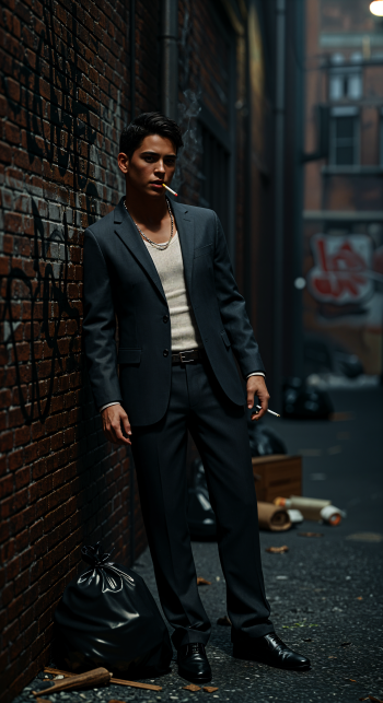 A stylish gangster leans against a brick wall in a dimly lit alley, wearing a suit and smoking. This striking image serves as a captivating phone wallpaper for iPhones and Android devices.