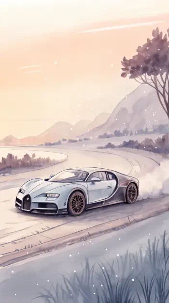 A stylized illustration of a Bugatti car speeding along a scenic road, with mountains and trees in the background. Great as a phone wallpaper for iPhones and Android devices.