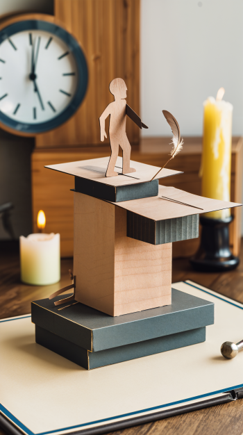 A creative paper sculpture depicting a figure balancing on stacked boxes, engaging with a feather, set against a cozy background, perfect for a physics-themed phone wallpaper.