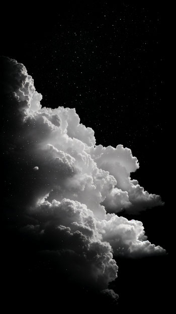 Black and white image of dramatic clouds against a night sky filled with stars, creating a serene atmosphere. Perfect as a phone wallpaper for both iPhone and Android devices.