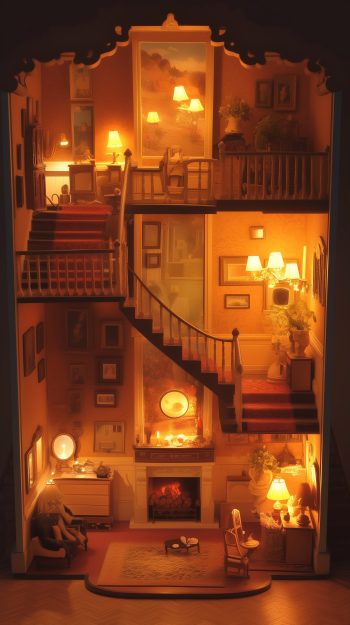 A warm, glowing dollhouse interior with lit lamps and cozy furnishings, designed as a phone wallpaper compatible with both iPhone and Android screens.