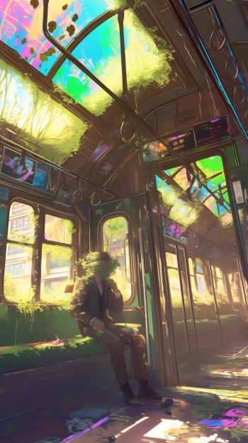 A vibrant anime-style train interior, overgrown with vines and featuring a grunge aesthetic, perfect for phone wallpapers on iPhones and Android devices.