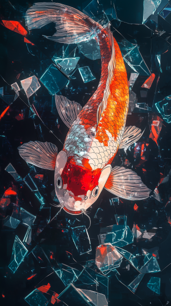 A vibrant koi fish swims amidst shards of glass, creating a striking contrast. This captivating design works well as a phone wallpaper for both iPhones and Android devices.