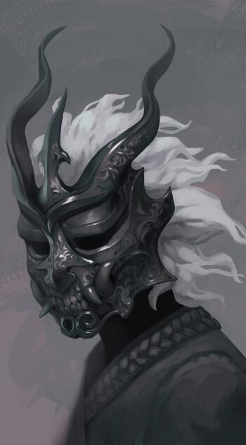 A striking phone wallpaper featuring a figure in a detailed mask with flowing white hair, inspired by the theme of Shadow Slave from a web novel. Suitable for both iPhones and Android phones.