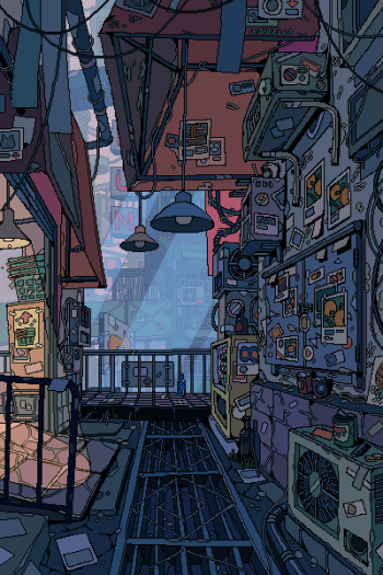 A vibrant pixel art scene depicting a cyberpunk alley, detailed with neon colors and intricate designs, designed as a wallpaper for iPhones and Android phones.